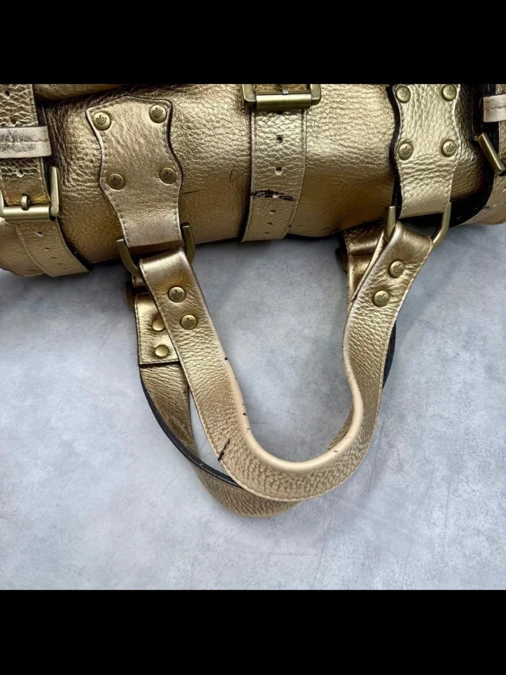 Mulberry Metallic Gold Leather Satchel with Buckle Pockets